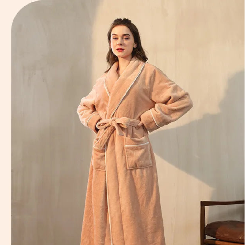 Peignoir de bain femme promotion-flanelle-polyester-col-chale-manche-longue-longueur-cheville-epais-hiver-moelleux-absorbant-confortable-beige