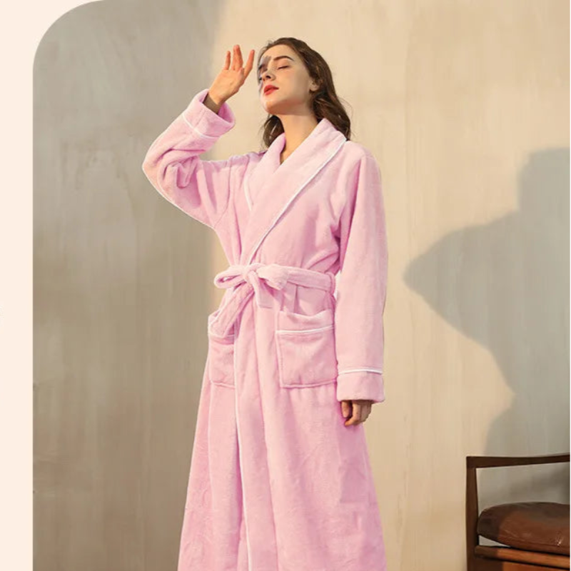 Peignoir de bain femme promotion-flanelle-polyester-col-chale-manche-longue-longueur-cheville-epais-hiver-moelleux-absorbant-confortable