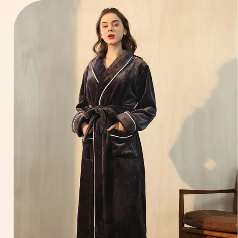 Peignoir de bain femme promotion-flanelle-polyester-col-chale-manche-longue-longueur-cheville-epais-moelleux-absorbant-confortable-bordeaux-hiver-printemps-noir