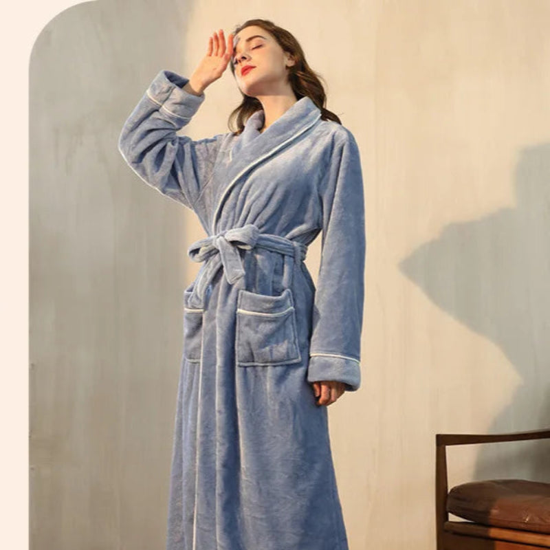 Peignoir de bain femme promotion-flanelle-polyester-col-chale-manche-longue-longueur-cheville-epais-moelleux-absorbant-confortable-bordeaux-printemps-hiver-gris