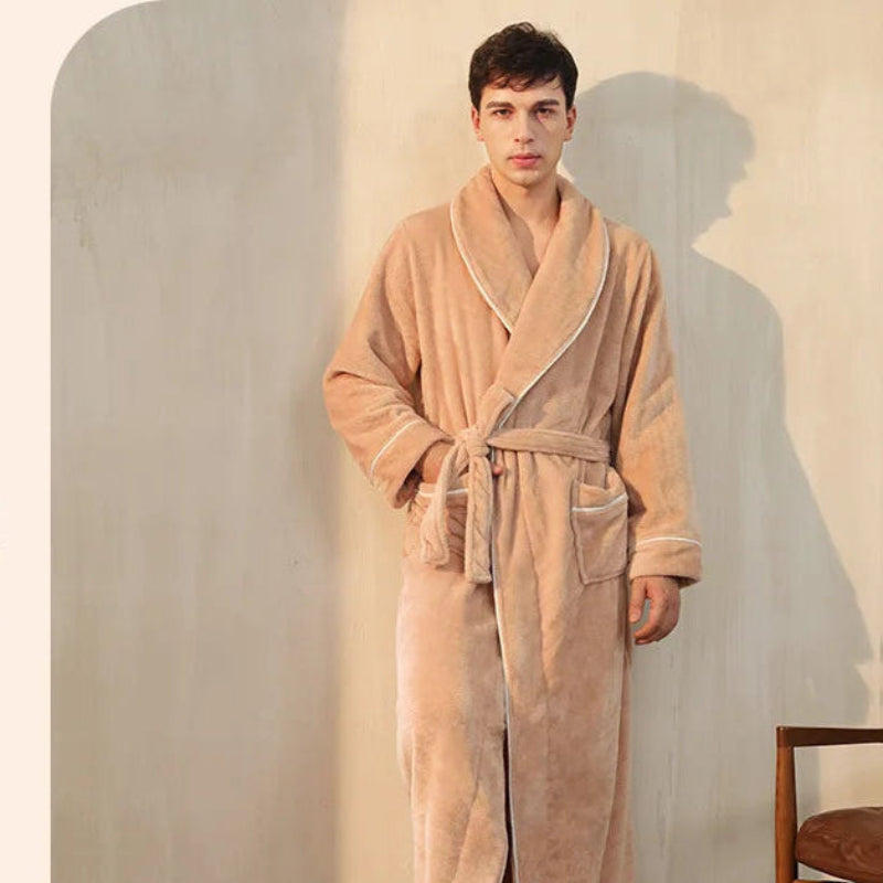 Peignoir de bain femme promotion-flanelle-polyester-col-chale-manche-longue-longueur-cheville-epais-moelleux-absorbant-confortable-hiver-beige