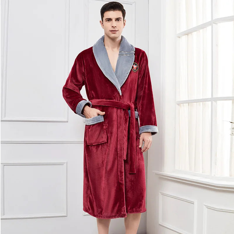 Peignoir de bain femme promotion-flanelle-polyester-col-chale-manche-longue-longueur-cheville-epais-moelleux-absorbant-confortable-hiver-bordeaux-gris