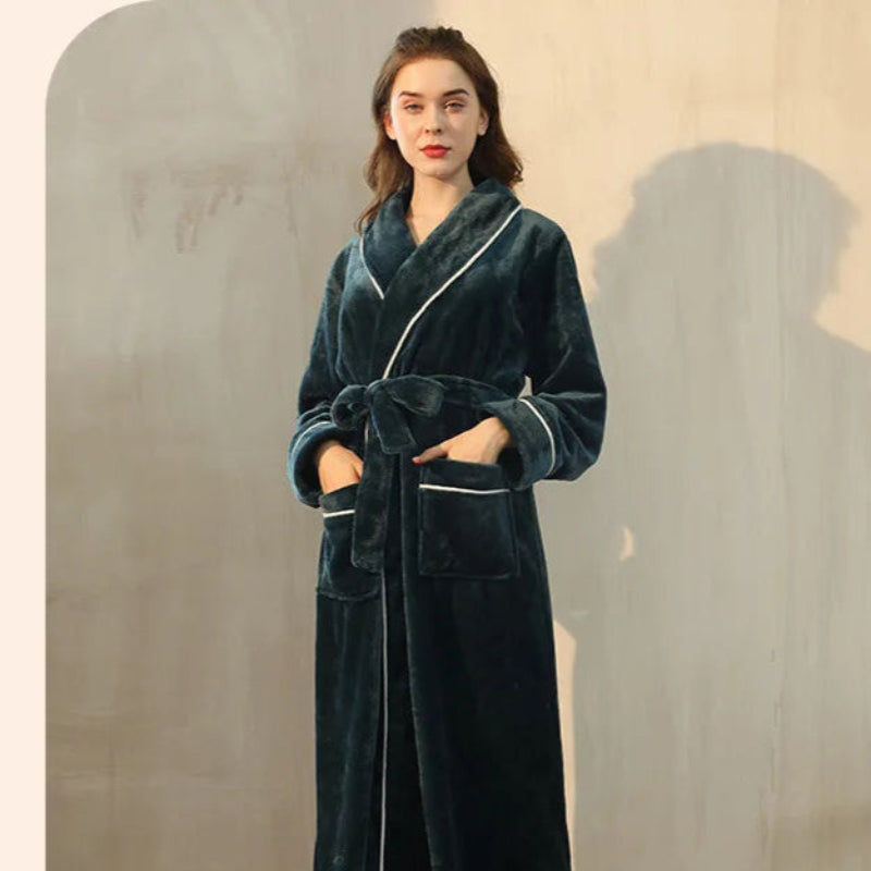 Peignoir de bain femme promotion-flanelle-polyester-col-chale-manche-longue-longueur-cheville-epais-moelleux-hiver-absorbant-confortable