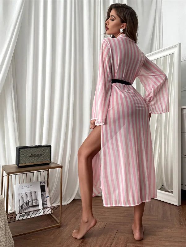 Peignoir_de_bain_femme_rayures-polyester-rayure-absorbant-manche-longue-ete-mi-cuisse-leger-col-chale-blanc-rose