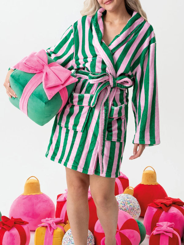 Peignoir de bain femme rayures marin-polyester-elasthane-capuche-manche-longue-mi-cuisse-absorbant-rayure-rose-vert