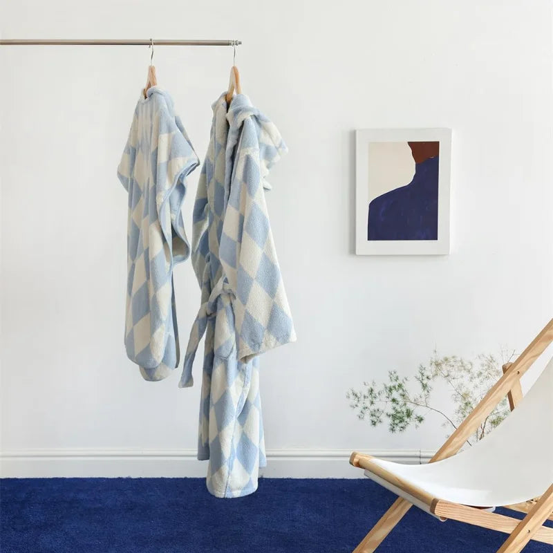 Peignoir de bain femme reversible-coton-polyester-absorbant-sans-manche-hiver-boutonne-bleu-blanc