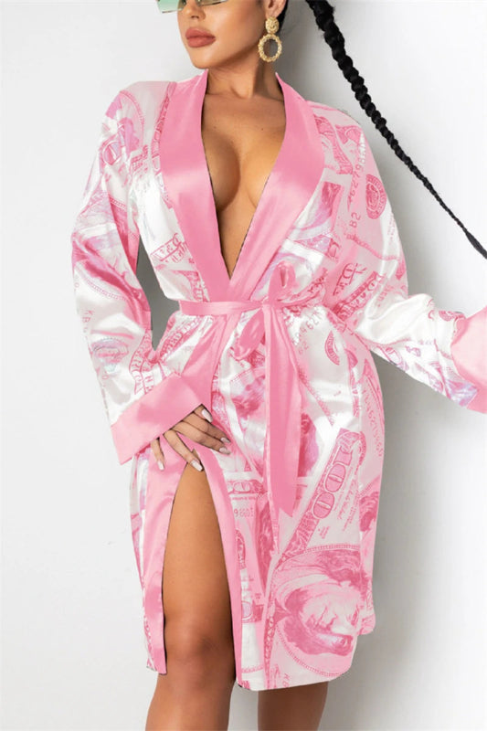 Peignoir de bain femme rigolo-coton-polyester-satin-longue-manche-mi-genou-leger-floral-dessin-absorbant-confortable-moelleux-rose-blanc