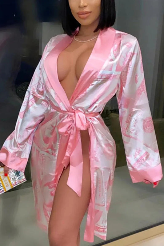 Peignoir de bain femme rigolo-polyester-coton-satin-longue-manche-mi-genou-leger-floral-dessin-absorbant-confortable-moelleux-rose-blanc