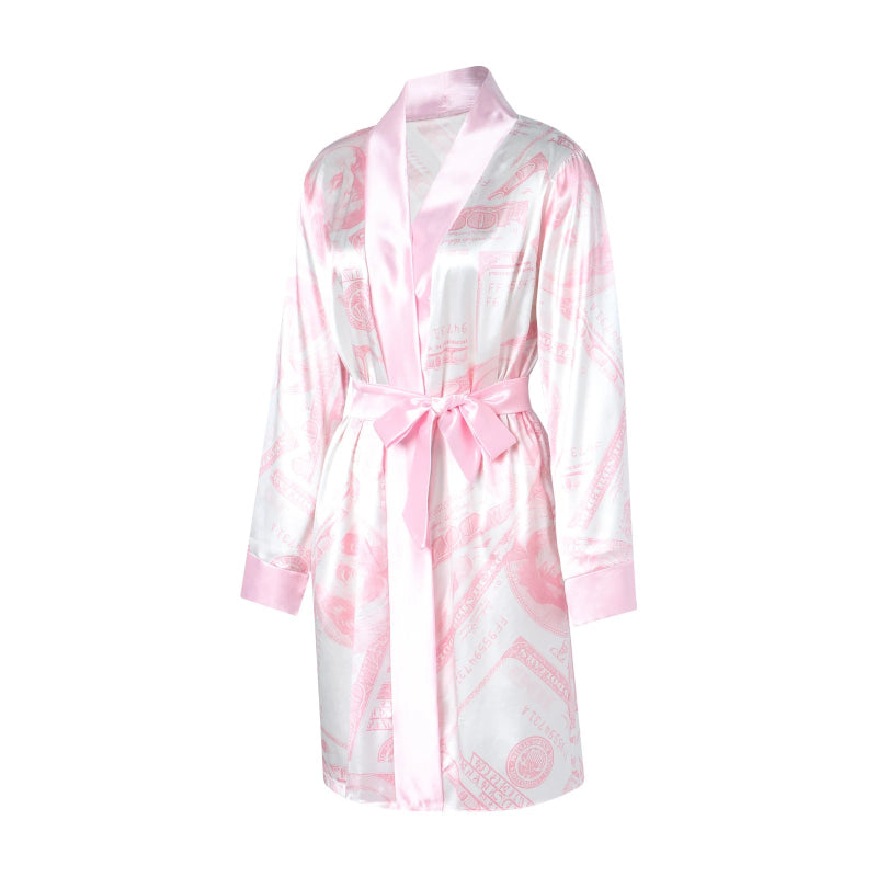 Peignoir de bain femme rigolo-polyester-coton-satin-longue-manche-mi-genou-leger-floral-dessin-absorbant-moelleux-confortable-rose-blanc