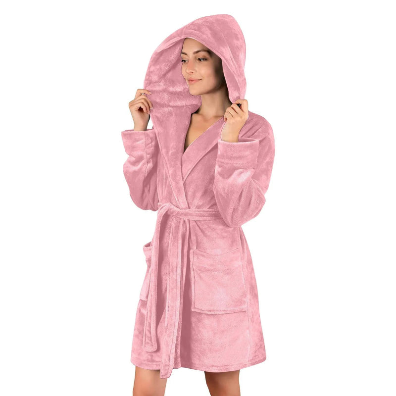 Peignoir de bain femme rose-coton-polyester-capuche-manche-longue-mi-genou-epais-absorbant-confortable-moelleux-hiver-printemps-rose