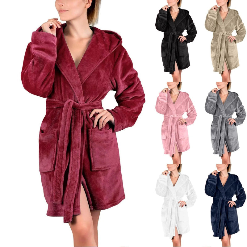 Peignoir de bain femme rose-coton-polyester-capuche-manche-longue-mi-genou-epais-absorbant-confortable-moelleux-hiver-printemps