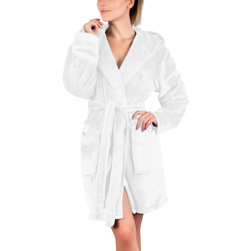 Peignoir de bain femme rose-coton-polyester-capuche-manche-longue-mi-genou-epais-absorbant-hiver-confortable-moelleux-printemps-blanc