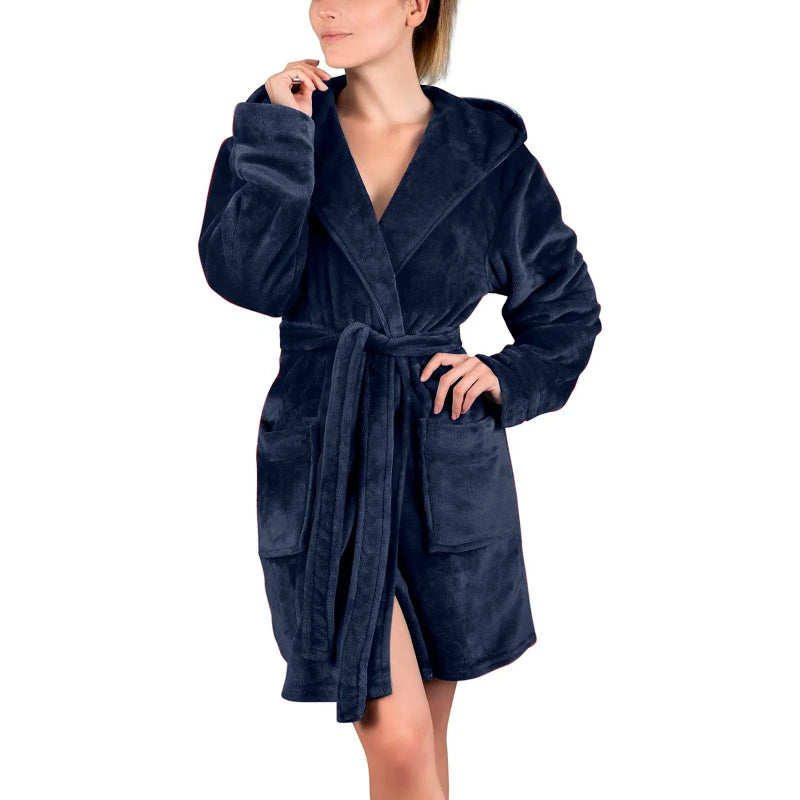 Peignoir de bain femme rose-coton-polyester-capuche-manche-longue-mi-genou-epais-absorbant-hiver-confortable-moelleux-printemps-bleu