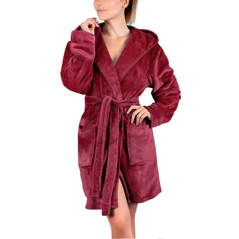 Peignoir de bain femme rose-coton-polyester-capuche-manche-longue-mi-genou-epais-absorbant-hiver-confortable-moelleux-printemps-rouge