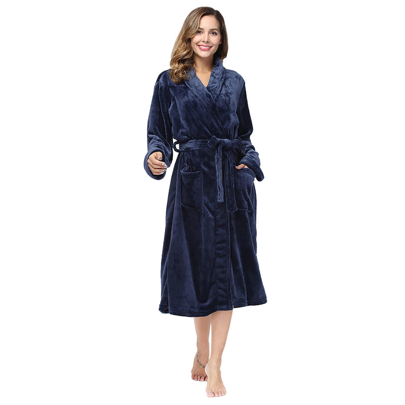 Peignoir de bain femme rose épais-flanelle-polyester-col-chale-manche-longue-mi-mollet-epais-moelleux-confortable-hiver-bleu-marine