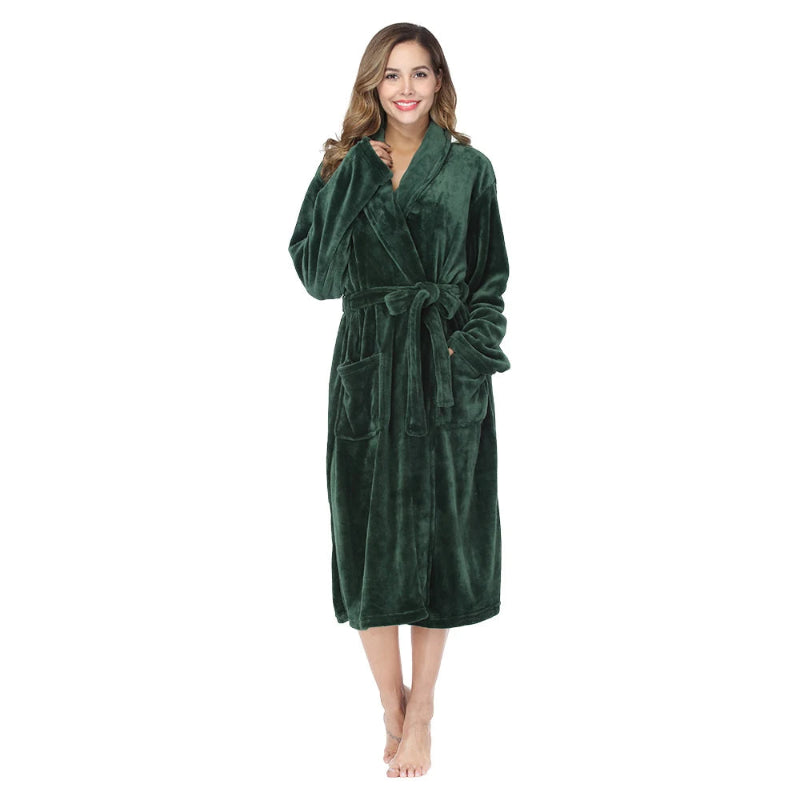 Peignoir_de_bain_femme_rose_epais-flanelle-polyester-col-chale-manche-longue-mi-mollet-epais-moelleux-confortable-hiver-vert