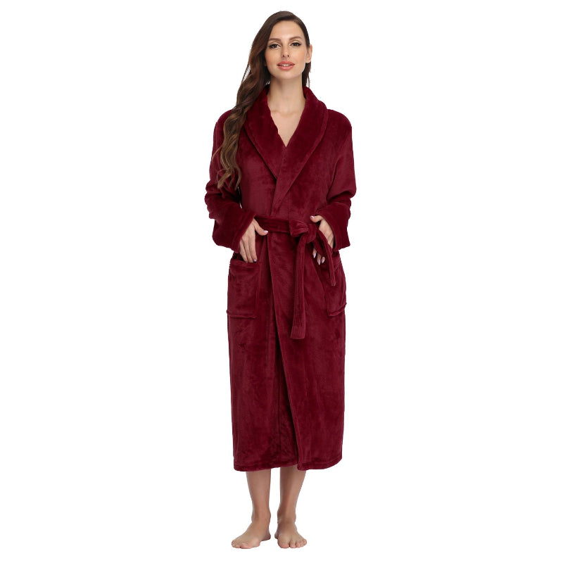 Peignoir_de_bain_femme_rose_epais-flanelle-polyester-col-chale-manche-longue-mi-mollet-epais-moelleux-hiver-confortable-bordeaux