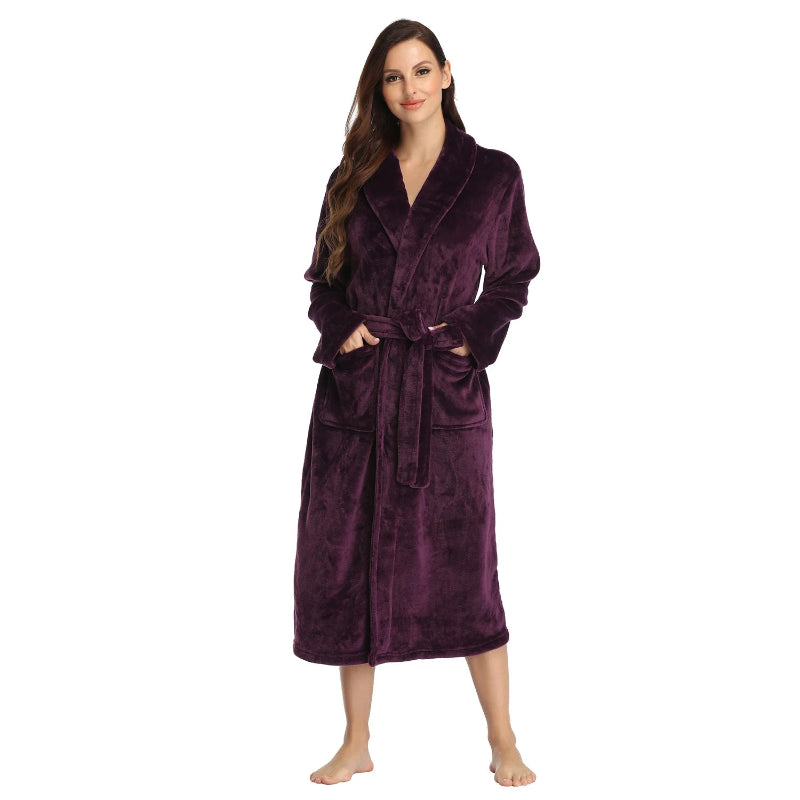 Peignoir_de_bain_femme_rose_epais-flanelle-polyester-col-chale-manche-longue-mi-mollet-epais-moelleux-hiver-confortable-marron