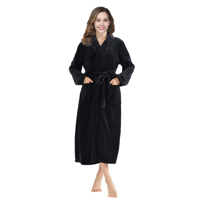 Peignoir_de_bain_femme_rose_epais-flanelle-polyester-col-chale-manche-longue-mi-mollet-epais-moelleux-hiver-confortable-noir