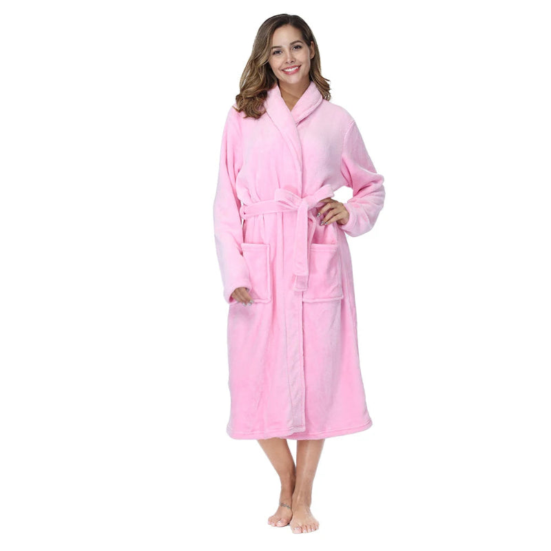Peignoir_de_bain_femme_rose_epais-flanelle-polyester-col-chale-manche-longue-mi-mollet-epais-moelleux-hiver-confortable-rose