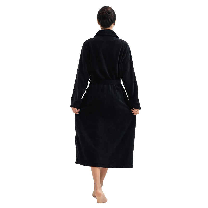 Peignoir de bain femme rose épais-flanelle-polyester-col-chale-manche-longue-mi-mollet-epais-moelleux-confortable-hiver-noir
