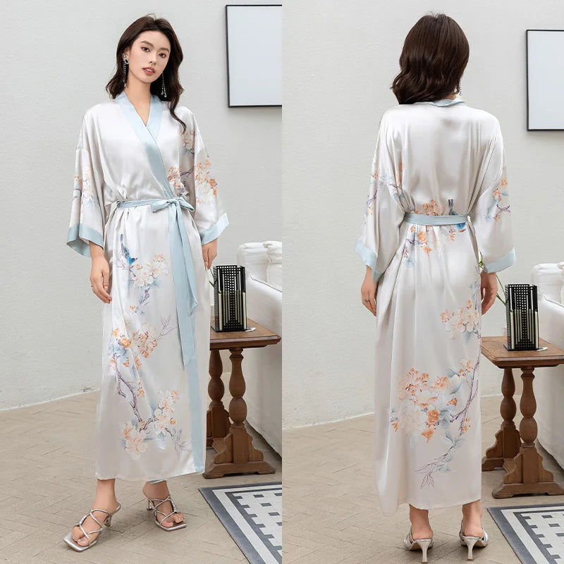 Peignoir de bain femme rose poudré-satin-polyester-manche-trois-quarts-mi-mollet-ete-motif-floral-printemps-beige-bleu-ciel