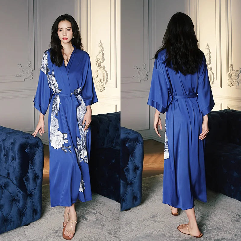 Peignoir de bain femme rose poudré-satin-polyester-manche-trois-quarts-mi-mollet-ete-motif-floral-printemps-blanc-bleu