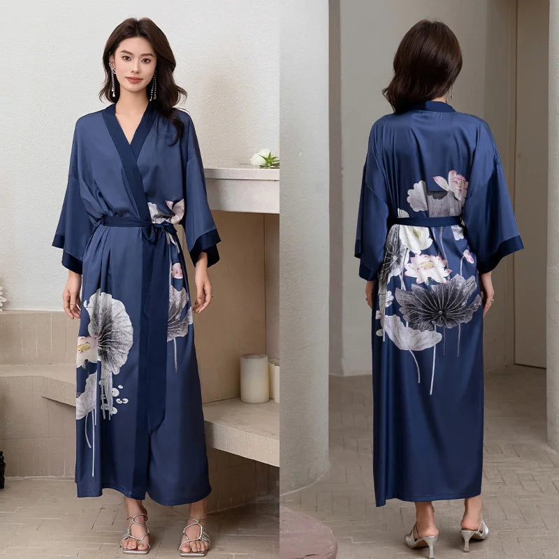 Peignoir de bain femme rose poudré-satin-polyester-manche-trois-quarts-mi-mollet-ete-motif-floral-printemps-bleu-marine