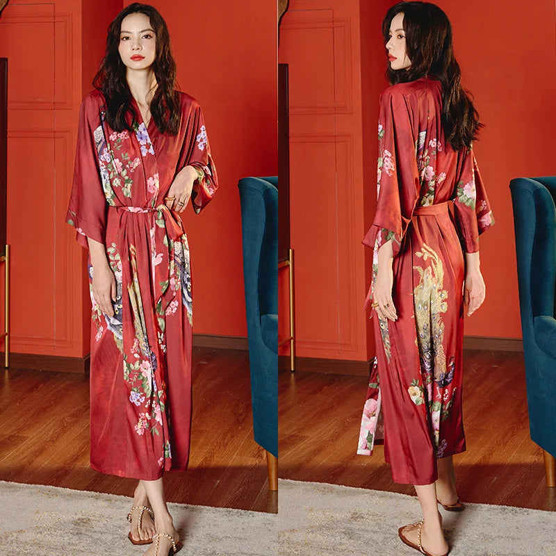 Peignoir de bain femme rose poudré-satin-polyester-manche-trois-quarts-mi-mollet-ete-motif-floral-printemps-rouge