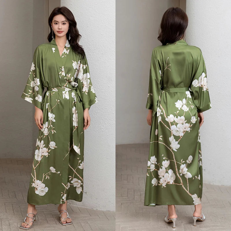 Peignoir de bain femme rose poudré-satin-polyester-manche-trois-quarts-mi-mollet-ete-motif-floral-printemps-vert-olive