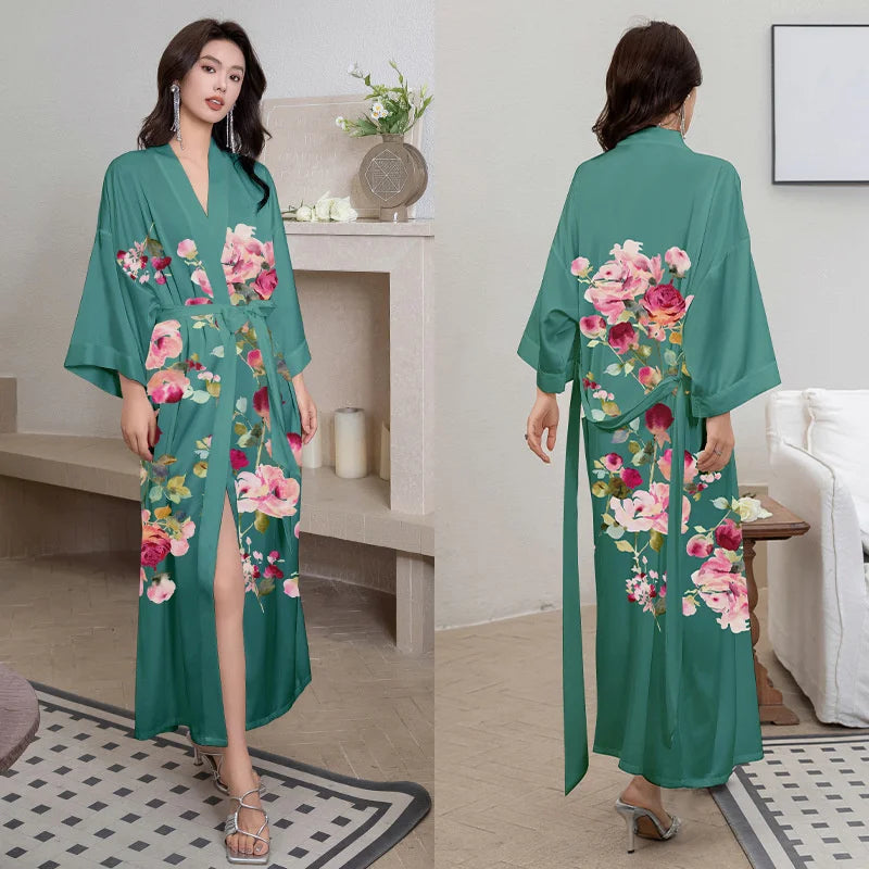 Peignoir de bain femme rose poudré-satin-polyester-manche-trois-quarts-mi-mollet-ete-motif-floral-printemps-vert