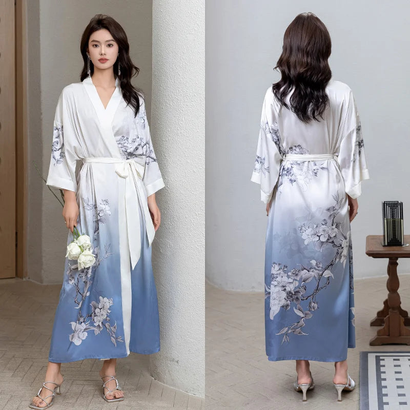 Peignoir de bain femme rose poudré-satin-polyester-manche-trois-quarts-mi-mollet-motif-floral-printemps-ete-blanc-bleu