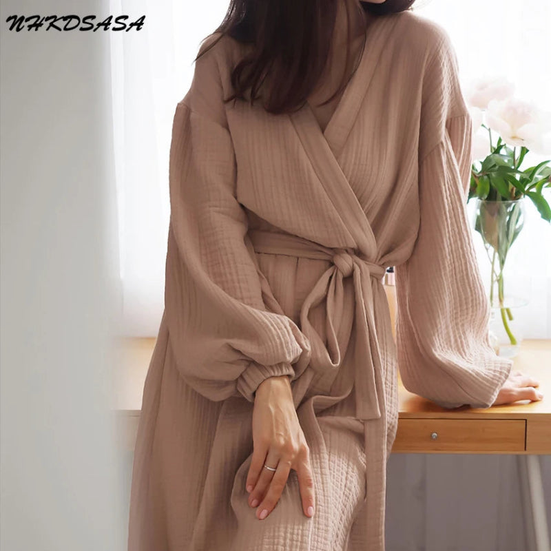 Peignoir de bain femme solde-coton-manche-longue-mi-mollet-col-chale-absorbant-ete-printemps-automne-beige