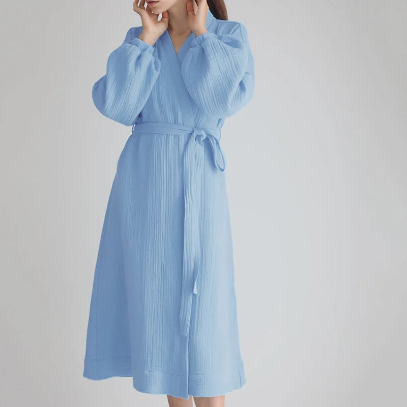 Peignoir de bain femme solde-coton-manche-longue-mi-mollet-col-chale-absorbant-ete-printemps-automne-bleu