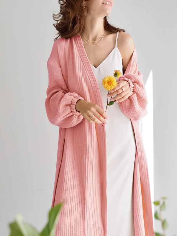Peignoir de bain femme solde-coton-manche-longue-mi-mollet-col-chale-absorbant-ete-printemps-automne-rose