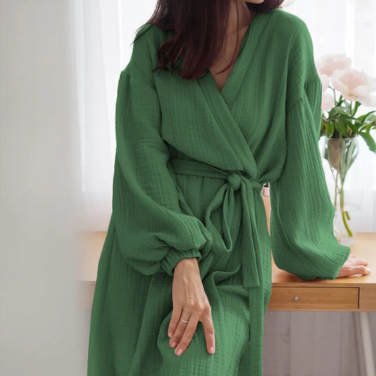 Peignoir de bain femme solde-coton-manche-longue-mi-mollet-col-chale-absorbant-ete-printemps-automne-vert