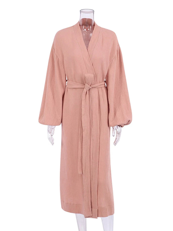 Peignoir de bain femme solde-coton-manche-longue-mi-mollet-col-chale-absorbant-printemps-automne-ete-beige