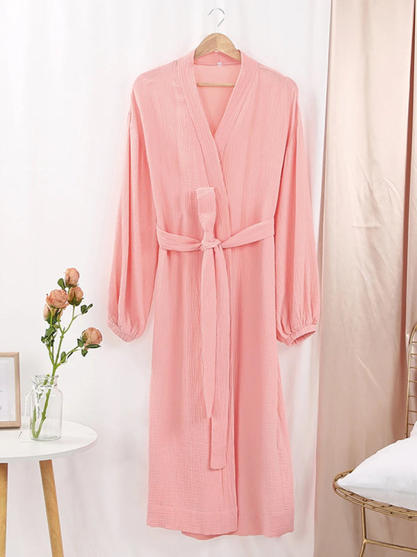 Peignoir de bain femme solde-coton-manche-longue-mi-mollet-col-chale-absorbant-printemps-automne-ete-rose