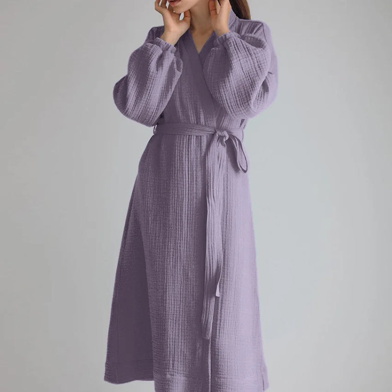 Peignoir de bain femme solde-coton-manche-longue-mi-mollet-col-chale-absorbant-printemps-automne-ete-violet