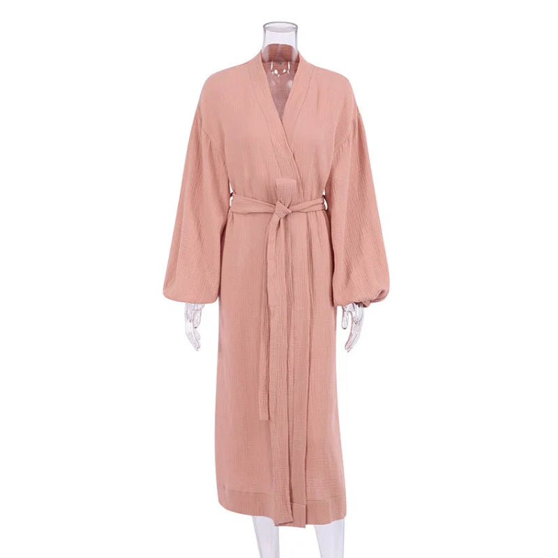 Peignoir de bain femme solde-coton-manche-longue-mi-mollet-col-chale-ete-absorbant-printemps-automne-beige