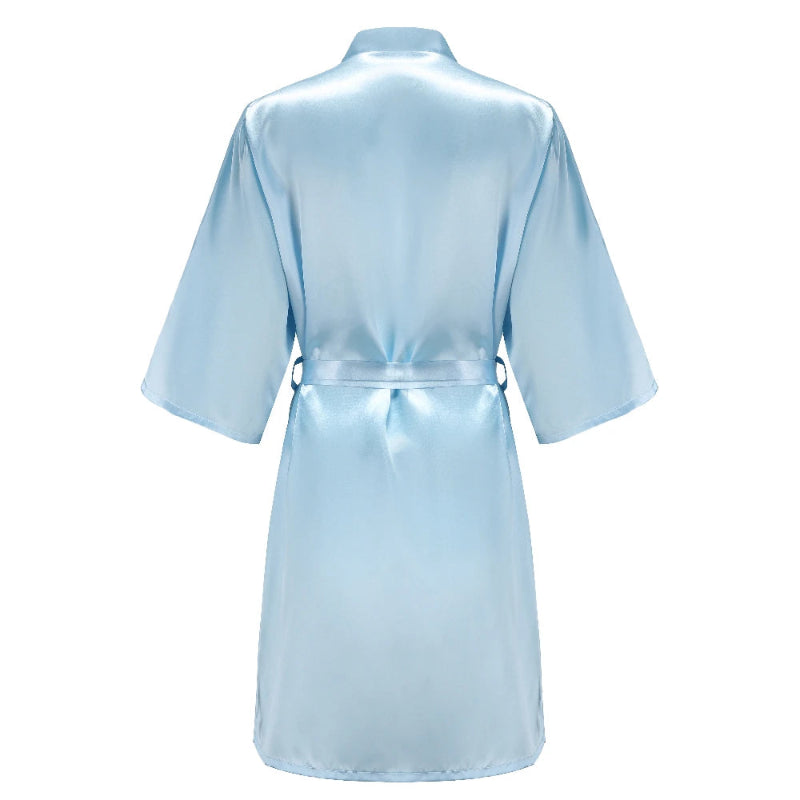 Peignoir de bain femme tout doux-satin-polyester-personnalisable-col-chale-manche-longue-ete-leger-absorbant-mi-genoux-bleu-ciel