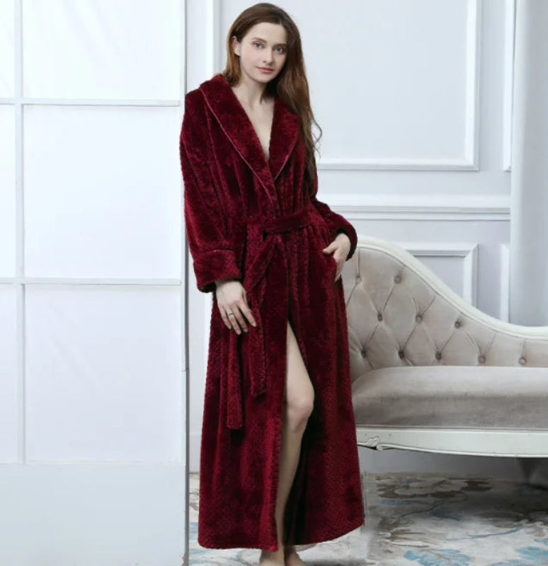 Peignoir_de_bain_femme_tres_long-polyester-velours-col-chale-hiver-manche-longue-longueur-cheville-epais-absorbant-bordeaux