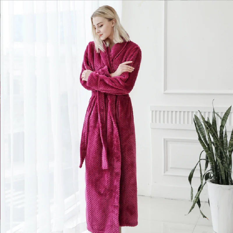 Peignoir de bain femme très long-polyester-velours-col-chale-manche-longue-longueur-cheville-épais-absorbant-hiver-bordeaux