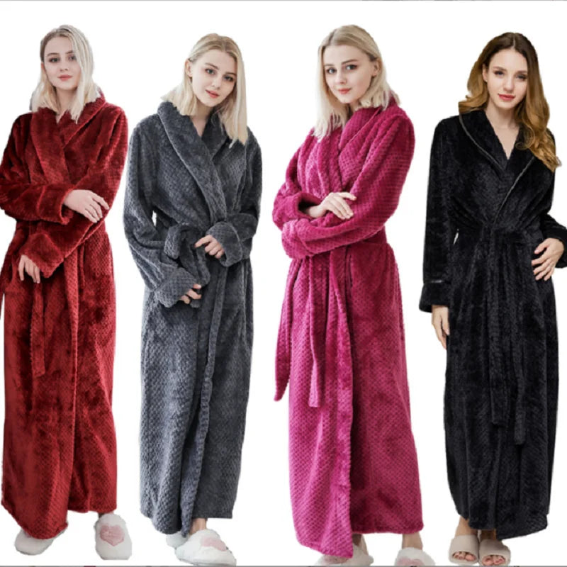 Peignoir de bain femme très long-polyester-velours-col-chale-manche-longue-longueur-cheville-épais-absorbant-hiver-noir-bordeaux-gris-rose