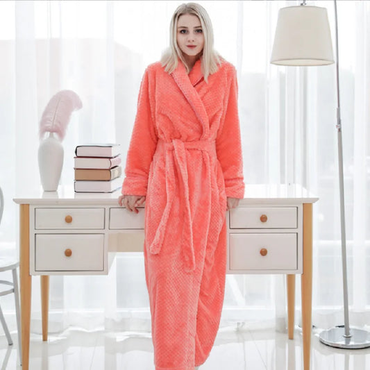 Peignoir de bain femme très long-polyester-velours-col-chale-manche-longue-longueur-cheville-épais-absorbant-hiver-rose