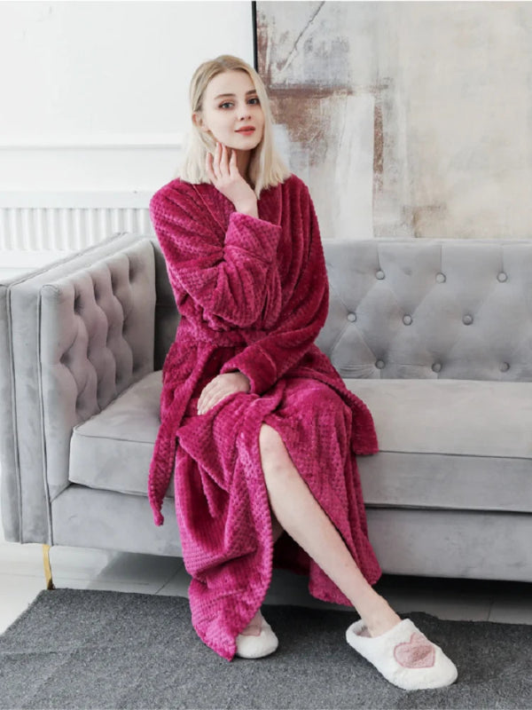Peignoir de bain femme très long-polyester-velours-col-chale-manche-longue-longueur-cheville-épais-hiver-absorbant-bordeaux
