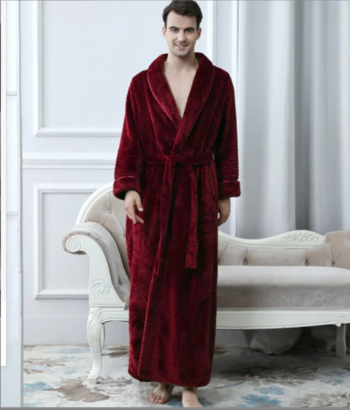 Peignoir de bain femme très long-polyester-velours-col-chale-manche-longue-longueur-cheville-epais-hiver-absorbant-bordeaux