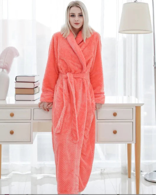 Peignoir de bain femme très long-polyester-velours-col-chale-manche-longue-longueur-cheville-epais-hiver-absorbant-rose