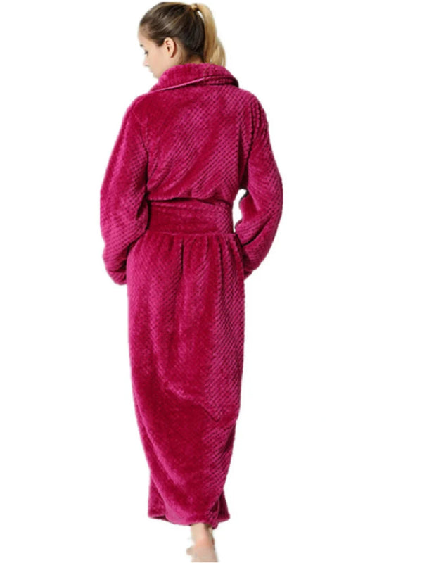 Peignoir de bain femme très long-polyester-velours-col-chale-manche-longue-longueur-cheville-hiver-epais-absorbant-bordeaux