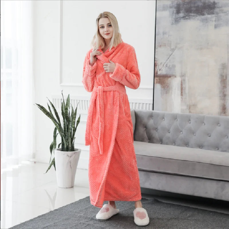 Peignoir de bain femme très long-polyester-velours-col-chale-manche-longue-longueur-cheville-hiver-epais-absorbant-rose